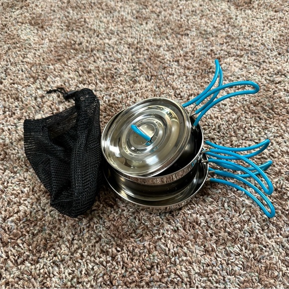 Nesting Stainless Steel Camping Cookware Set with Silicone Handles and Mesh Bag - Picture 2 of 8